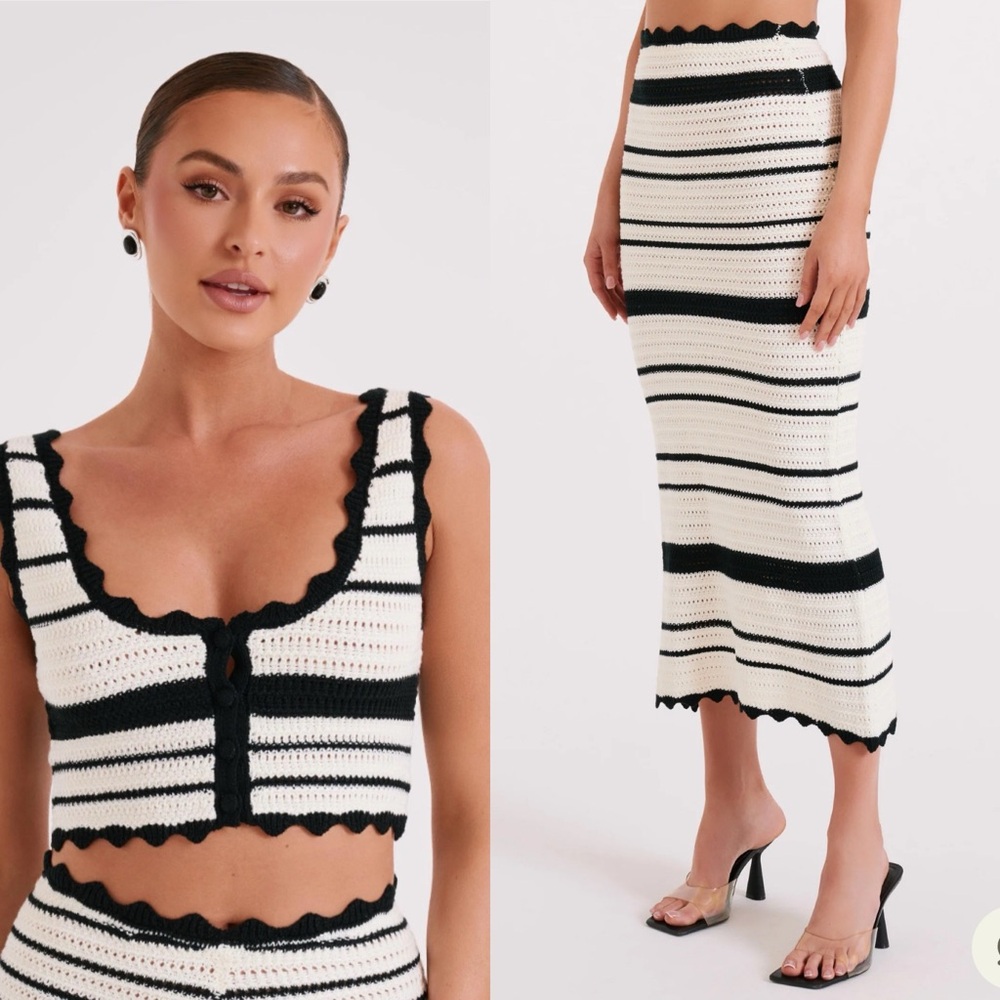 Meshki Jadia Contrast Crochet Fishtail Maxi Skirt & Jordie Knit Long Line Top